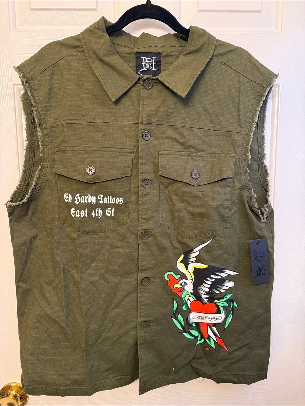 Ed Hardy Olive Green Sleeveless Button-Up Vest with Tattoo Graphic